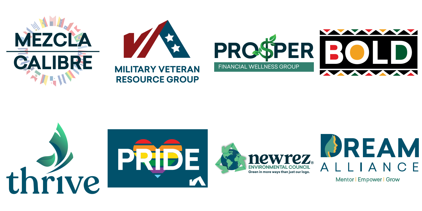 Logos for Mezcla Calibre, Military Veteran Resource Group, Prosper Financial Wellness Group, Bold, Thrive, Pride, Newrez Environmental Council, and Dream Alliance